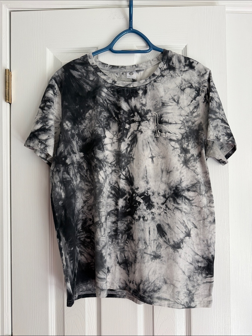Black & White Tie-Dye Short Sleeve Tee with Dino Embroidery